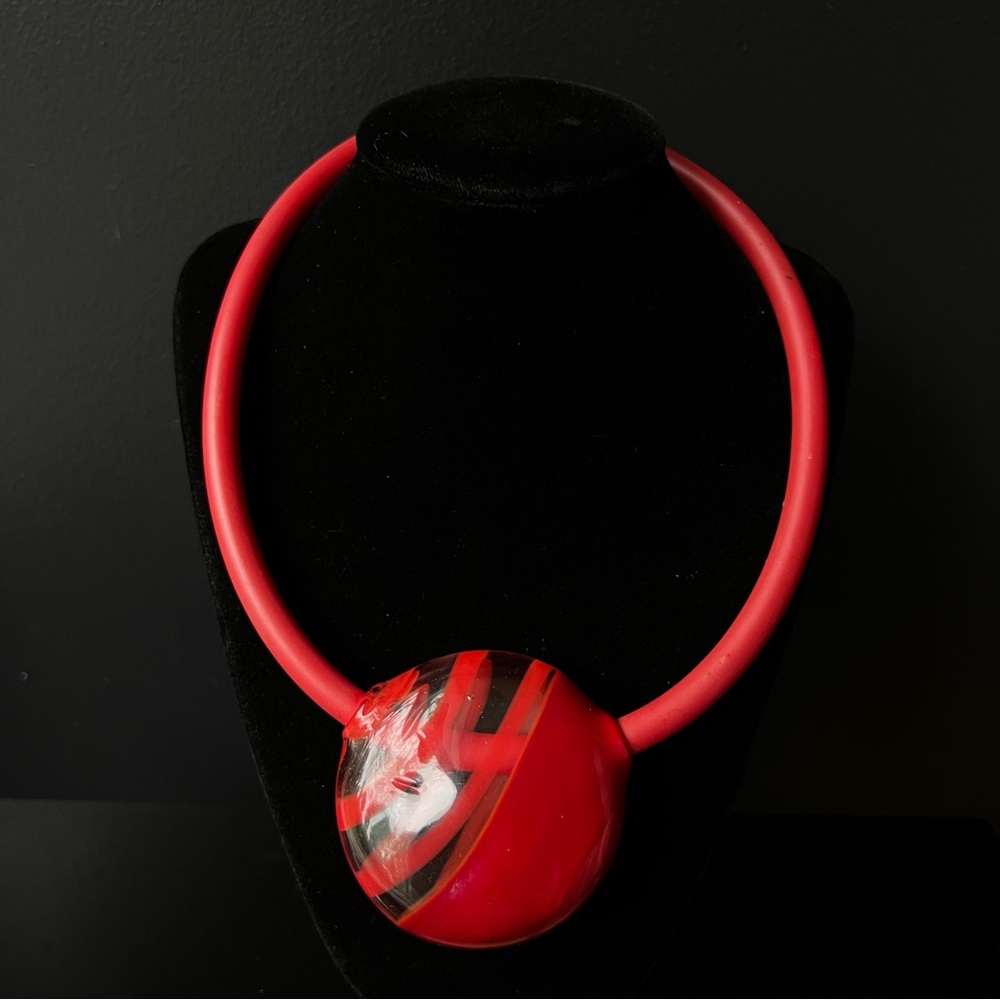 Bold Vintage Glass and Rubber Red Necklace Murano Style Retro Statement Piece